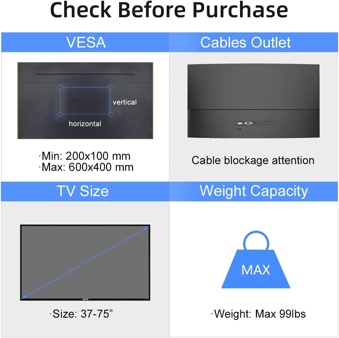 Suptek Reinforced Universal TV Stand for Large TVs in 37-75 inch, Upgraded Height Adjustment Table Top Tall TV Stand Mount, Heavy Duty TV Replacement Stand with Tempered Glass Base Up to 99lbs, TS203