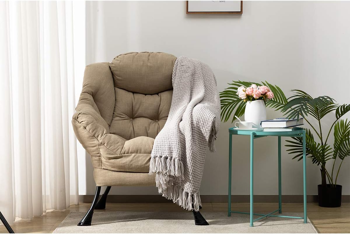 HollyHOME Modern Fabric Large Lazy Chair, Accent Oversized Comfy Reading Chair, Thick Padded Cozy Lounge Chair with Armrest, Leisure Sofa Chair for Living Room, Bedroom, Dorm, Coffee&White