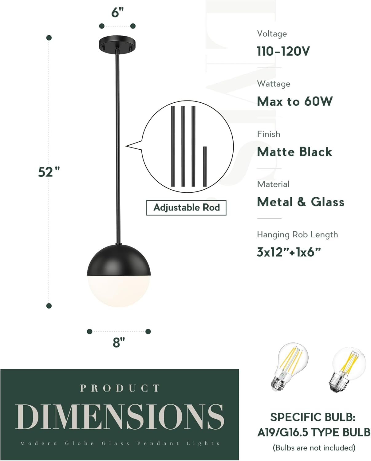 LMS 8-inch Black Pendant Lights Kitchen Island, Modern Globe Pendant Light with Frosted Glass, Contemporary Mid Century Hanging Light Fixture for Kitchen Island Sink Bedroom Bathroom, LMS-186