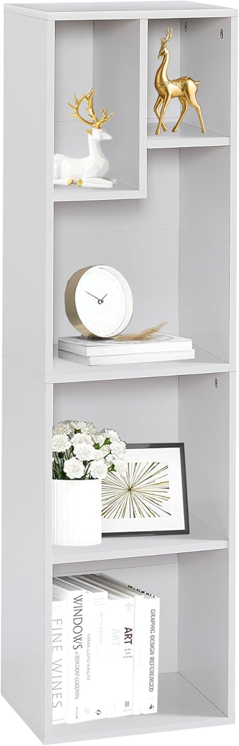 VECELO 4-Tier Bookcase, Modern Storage Cabinet with Height Difference Shelves for Standard Textbooks, 5 Cubes, Vertical or Horizontal, Easy Assembly, Pearl White