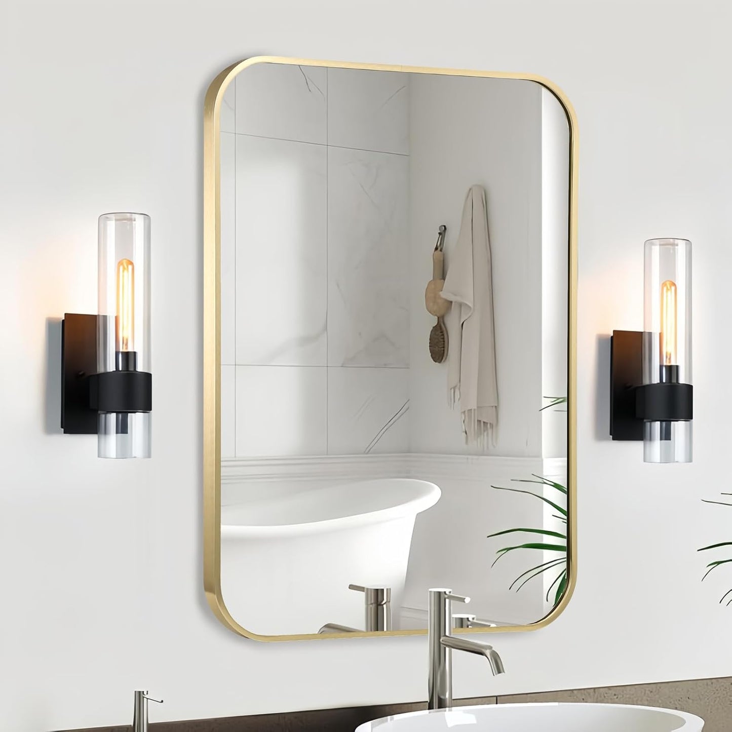 Gold Bathroom Mirror, 22x30 Inch Brushed Gold Mirror, Aluminum Alloy Framed Vanity Mirror, Rounded Rectangle Mirror for Over Sink, Anti-Rust Wall Mirror (Horizontally or Vertically)