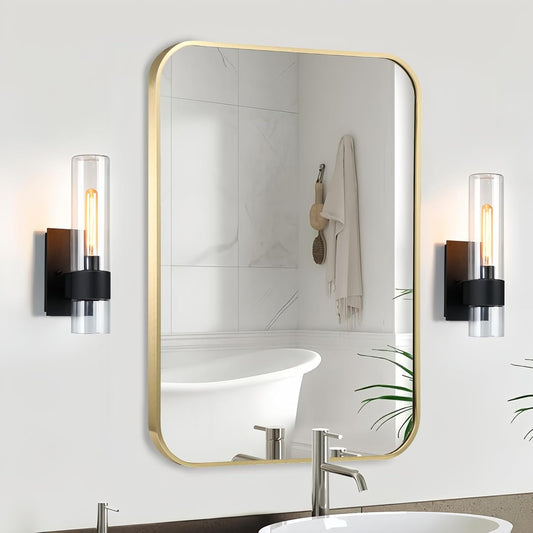 Gold Bathroom Mirror, 22x30 Inch Brushed Gold Mirror, Aluminum Alloy Framed Vanity Mirror, Rounded Rectangle Mirror for Over Sink, Anti-Rust Wall Mirror (Horizontally or Vertically)