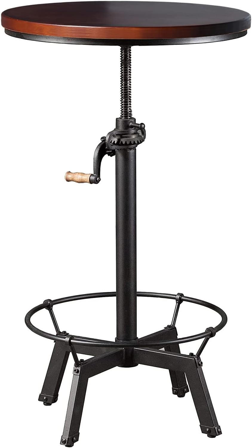 LOKKHAN Industrial Bar Table-33.5-39.4 Inch Tall-Adjustable Bar Height Pub Table-23.7 Inch Swivel Round Wood Top Metal Base-Easily Adjusts by Crank Handle