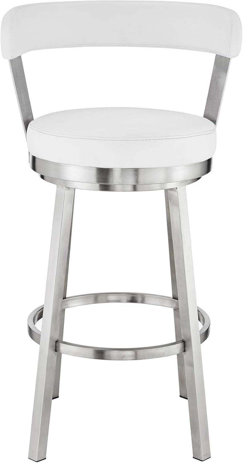 Armen Living Bryant Modern 30" Seat Height White Faux Leather and Brushed Stainless Steel Metal Swivel Bar Stool for Kitchen Island Counter