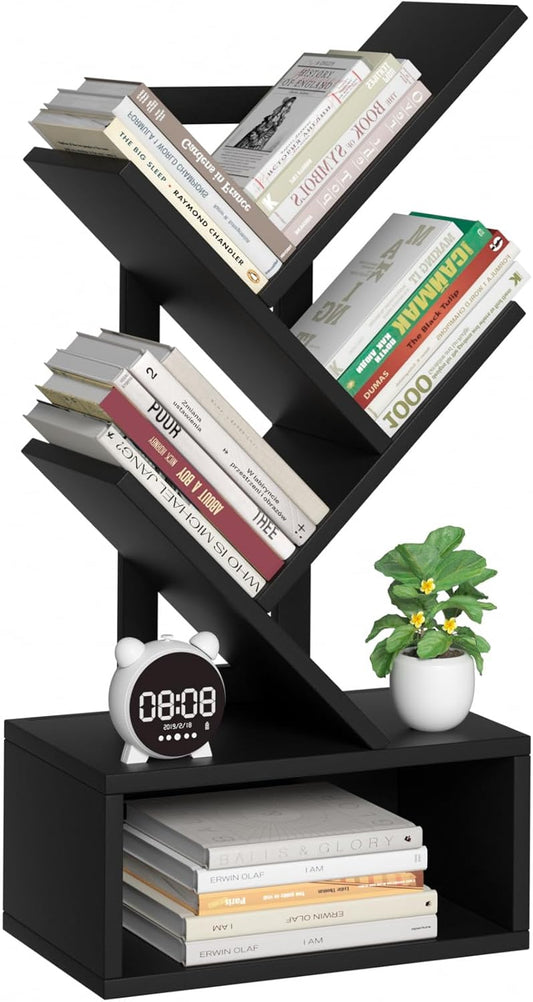 Small Tree Book Shelf,5 Tier Black Tree Bookshelf,Black Desktop Bookcase,Modern Desk Display Storage Bookshelves,Floor Standing Organizer Bookcases for Living Room,Bedroom,Office