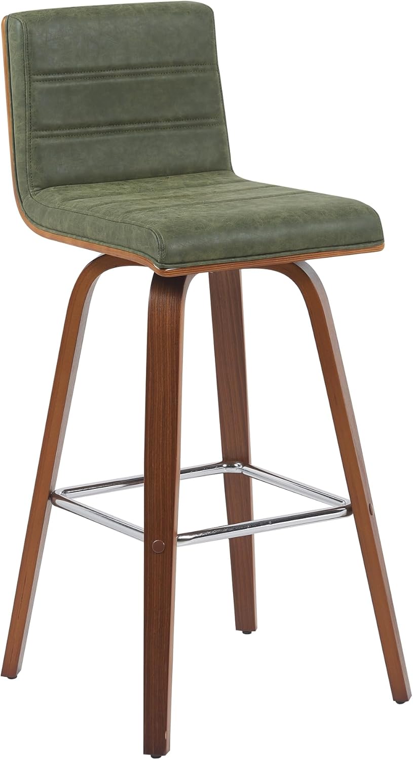 Vienna Modern Swivel Bar Height Stool with Vintage Green Upholstered Seat and Walnut Finished Wood Frame Set of 2