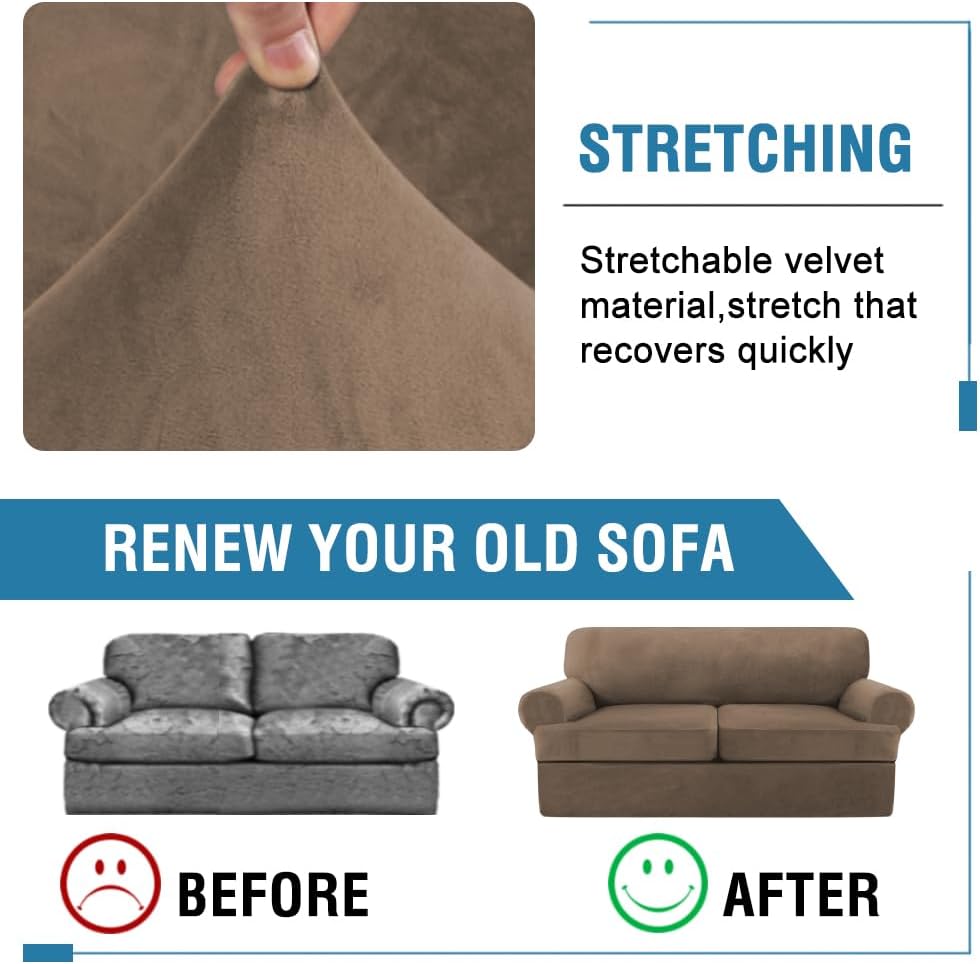 H.VERSAILTEX Sofa Cover 3 Piece T Cushion Loveseat Slipcovers Thick Velvet Couch Cover Stretch T Cushion Sofa Covers for 2 Cushion Couch with 2 Individual T Cushion Covers, Mocha