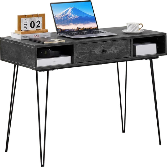 VECELO 39.3" Home Office Work Table with Drawers,Computer Desk with Hairpin Leg for Writing/Study,Classic Grey