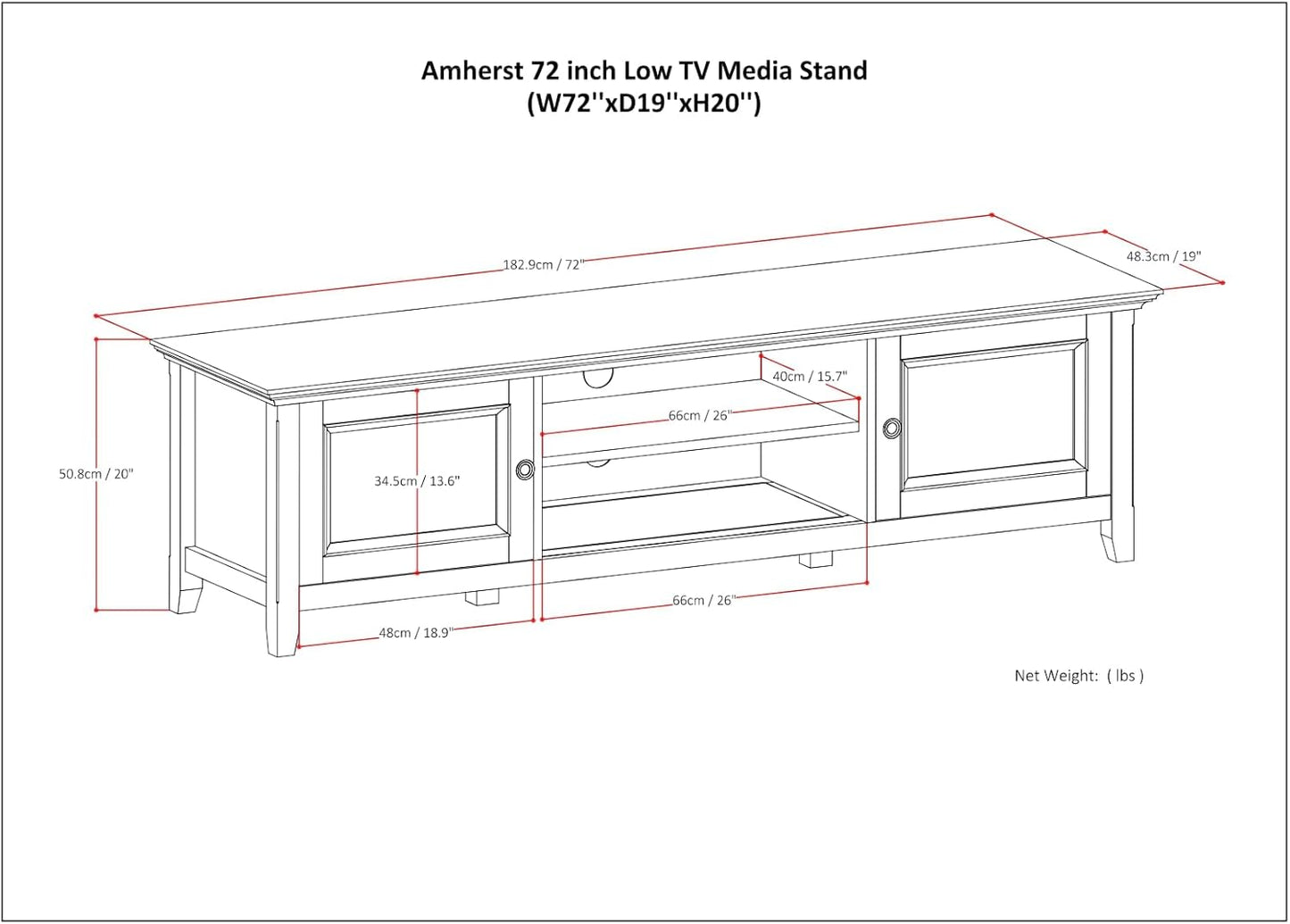 SIMPLIHOME Amherst 72-inch Wide Solid Wood Low TV Stand in Hickory Brown, Transitional-Style Media Console for Living Room with Cable Management, Fits 80" TVs