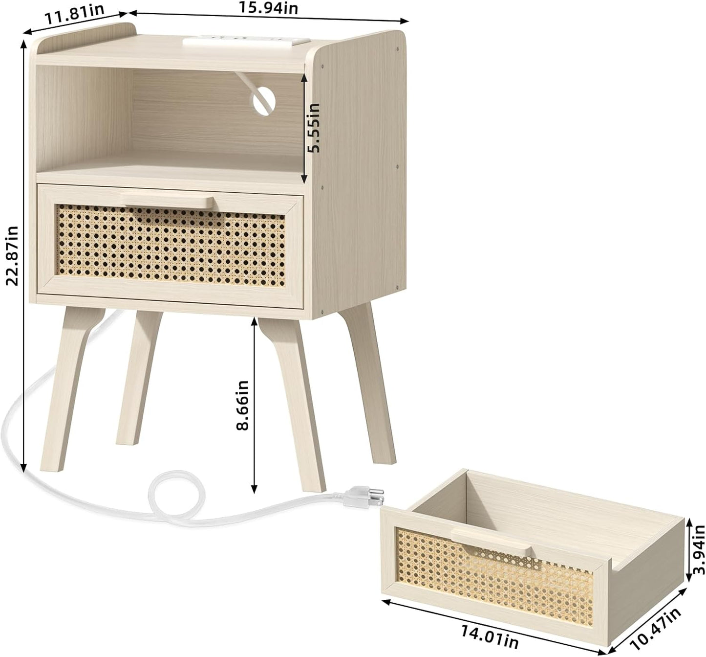 Lerliuo Rattan Nightstands Set of 2 with Charging Station, Side Table with Drawer Open Shelf, Cane Accent Bedside End Table, Night Stand for Bedroom, Dorm and Small Spaces (Grey White)