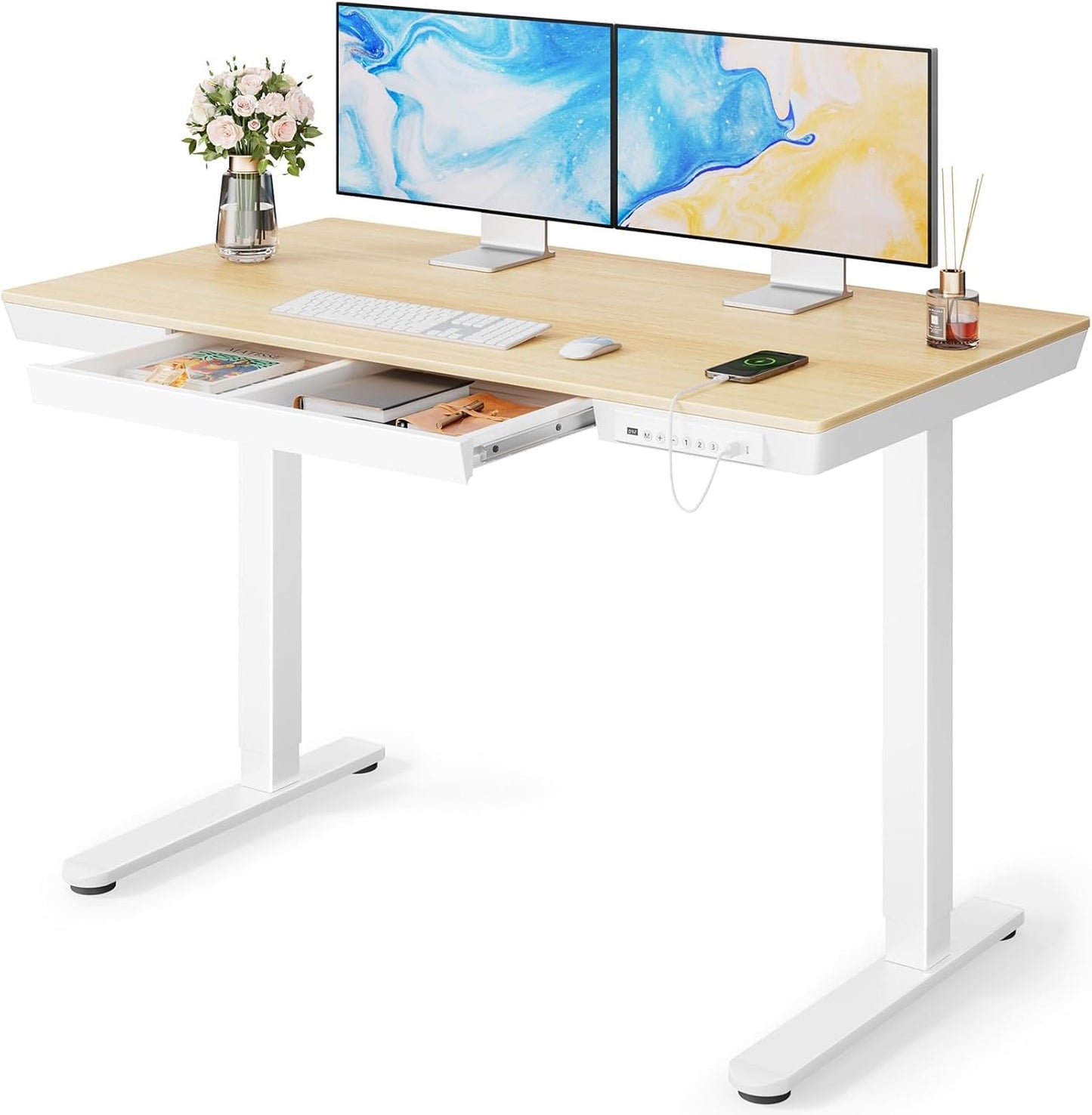 Marsail Electric Solid Standing Desk, 48 x 24 inch Standing Desk with Drawer, Sit Stand Desk with Tabletop & USB Charging Ports, Height Adjustable Desk with Storage for Home & Office Natural