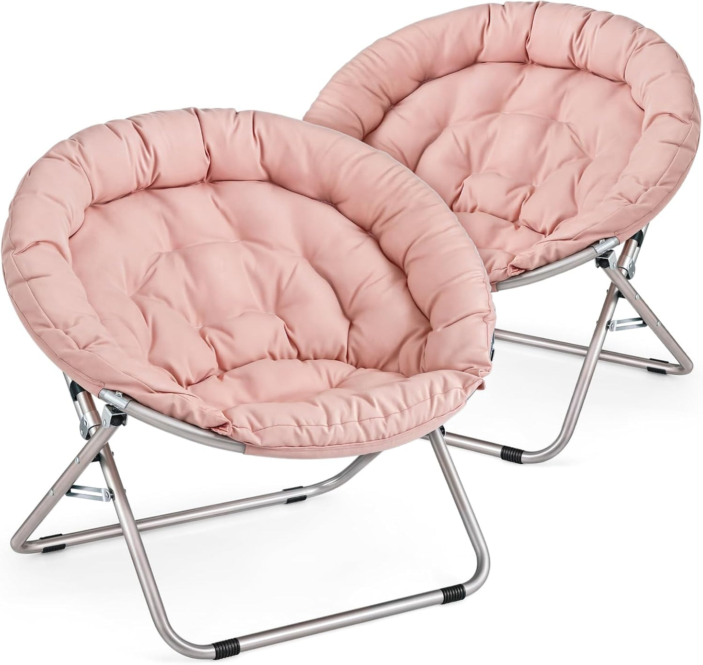 MoNiBloom Round Folding Saucer Chairs Set of 2 for Bedroom Living Room Dorm Foldable Metal Frame Comfy Soft Lounge Lazy Cozy Moon Chairs for Teens (Pink)