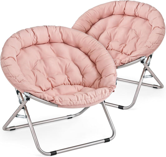 MoNiBloom Round Folding Saucer Chairs Set of 2 for Bedroom Living Room Dorm Foldable Metal Frame Comfy Soft Lounge Lazy Cozy Moon Chairs for Teens (Pink)