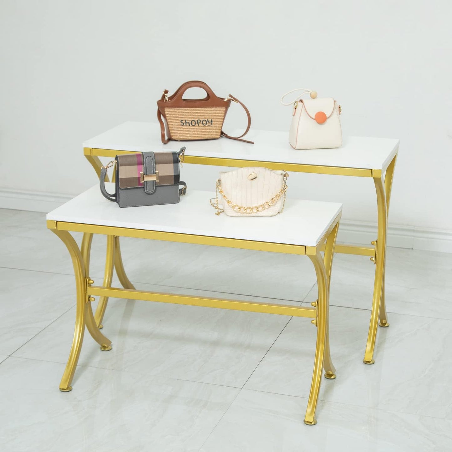 Metal Shoe Handbag Display Stand, Display Riser Shelf for Retail Store, Modern Nesting Tables 2 Piece Set, Iron and Wood, Gold