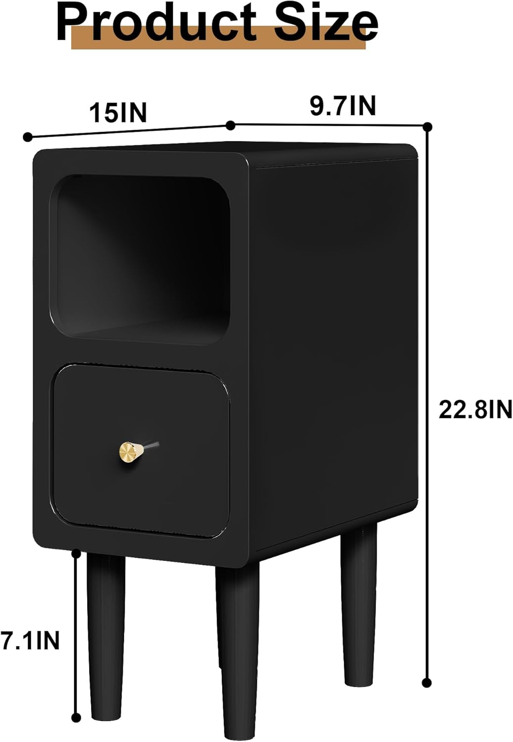 Narrow Nightstand, Solid Wood Night Stand with Drawers, Black Mid Century Modern Nightstand, Small Beside Table with Open Storage Shelf for Bedroom (10 inch)