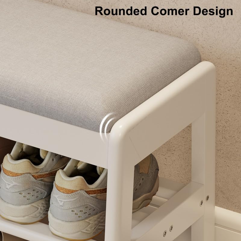 Shoe Rack Bench with Cushion,2 Tiers Shoe Bench with Flip-Top Storage,Wood Shoe Rack for Entryway,Hallway（White,31.5"）