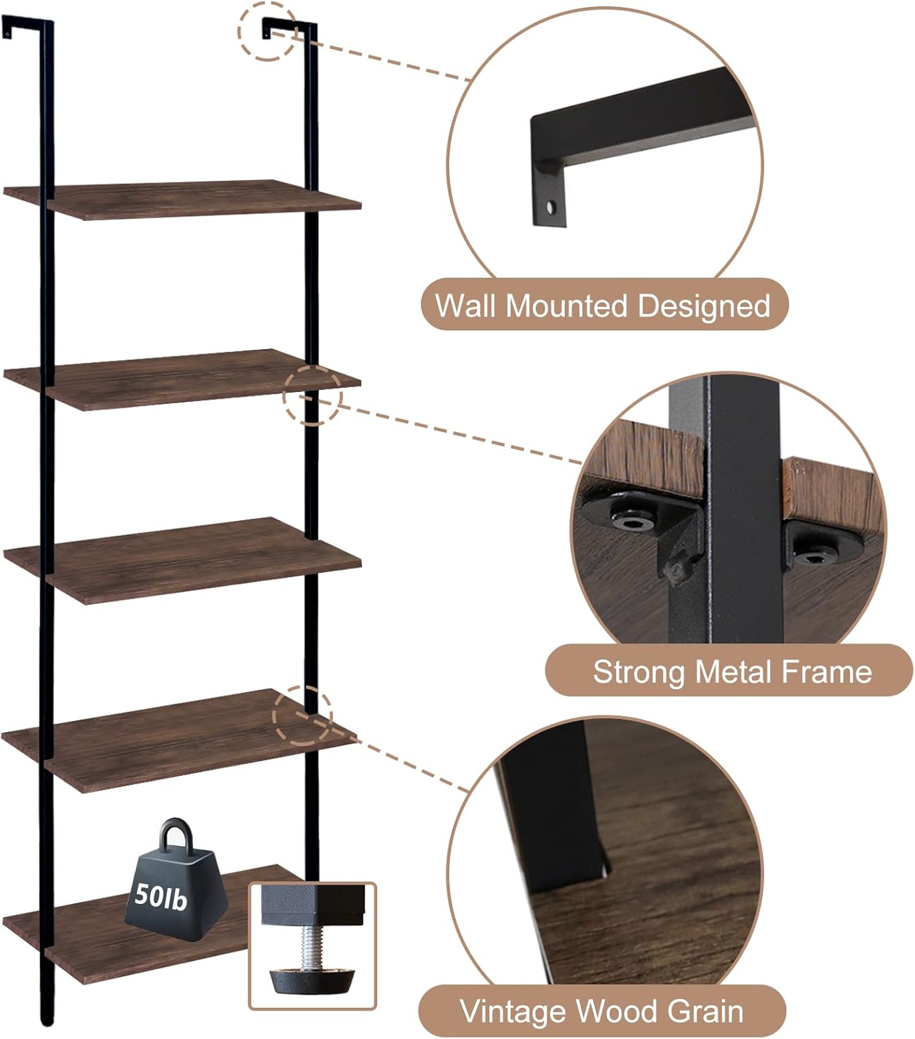 5 Tiers Ladder Shelf Brown Modern Bookshelf Open Tall Wall Mount Bookcase Standing Leaning Wall Shelves Industrial Decorative Living Room Bed Room