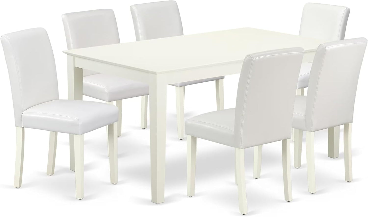 East West Furniture CAAB7-LWH-64 7 Piece Kitchen Table & Chairs Set Consist of a Rectangle Dining Room Table and 6 White Faux Leather Parsons Dining Chairs, 36x60 Inch, Linen White