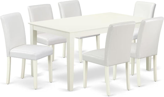 East West Furniture CAAB7-LWH-64 7 Piece Kitchen Table & Chairs Set Consist of a Rectangle Dining Room Table and 6 White Faux Leather Parsons Dining Chairs, 36x60 Inch, Linen White