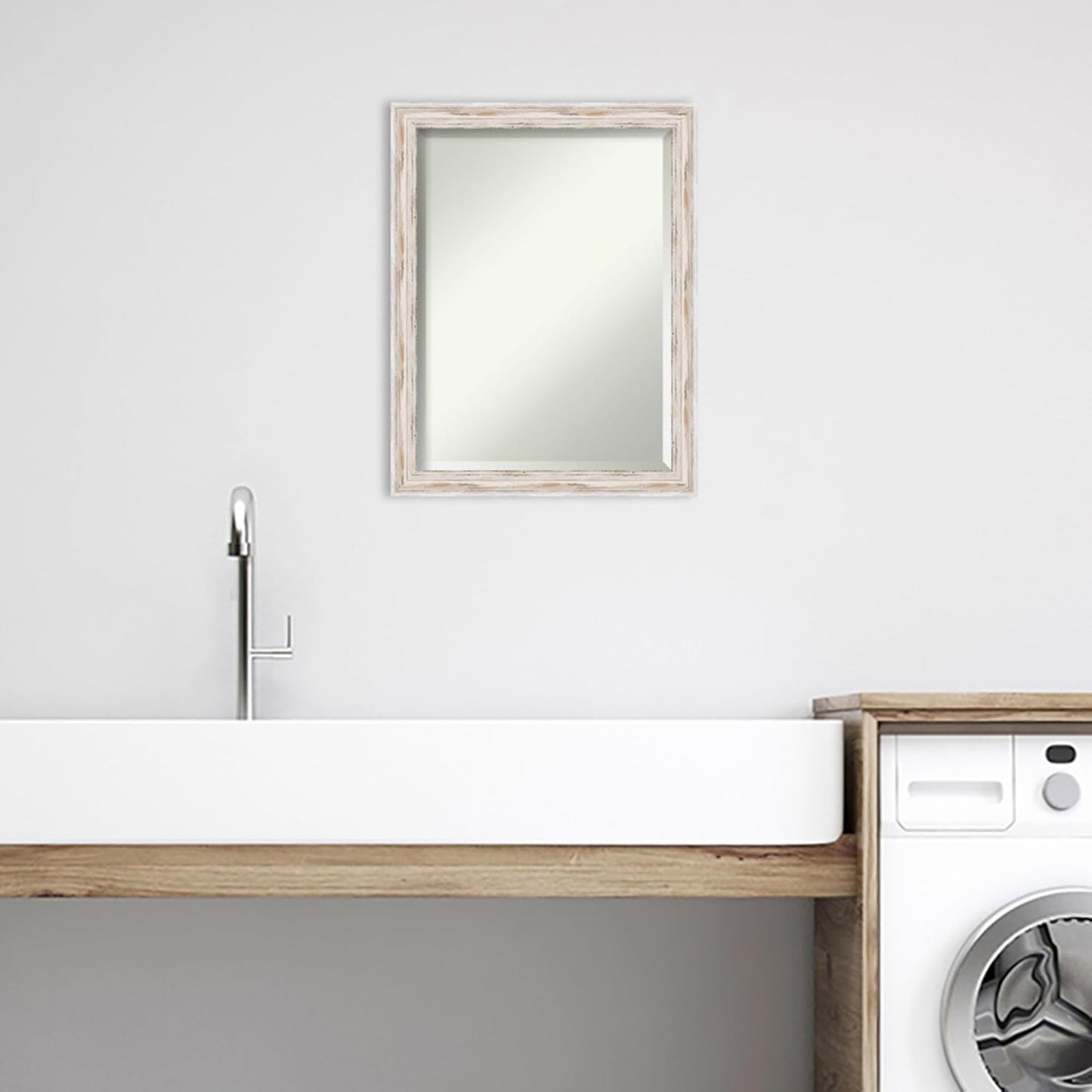 Amanti Art White Bathroom Mirror for Over Sink, 27x21 Alexandria White Wash Narrow Rectangle Vanity Mirror, Medium Cottage Wood Frame, Hangs Horizonally and Vertically, Bathroom Wall Decor, Beveled