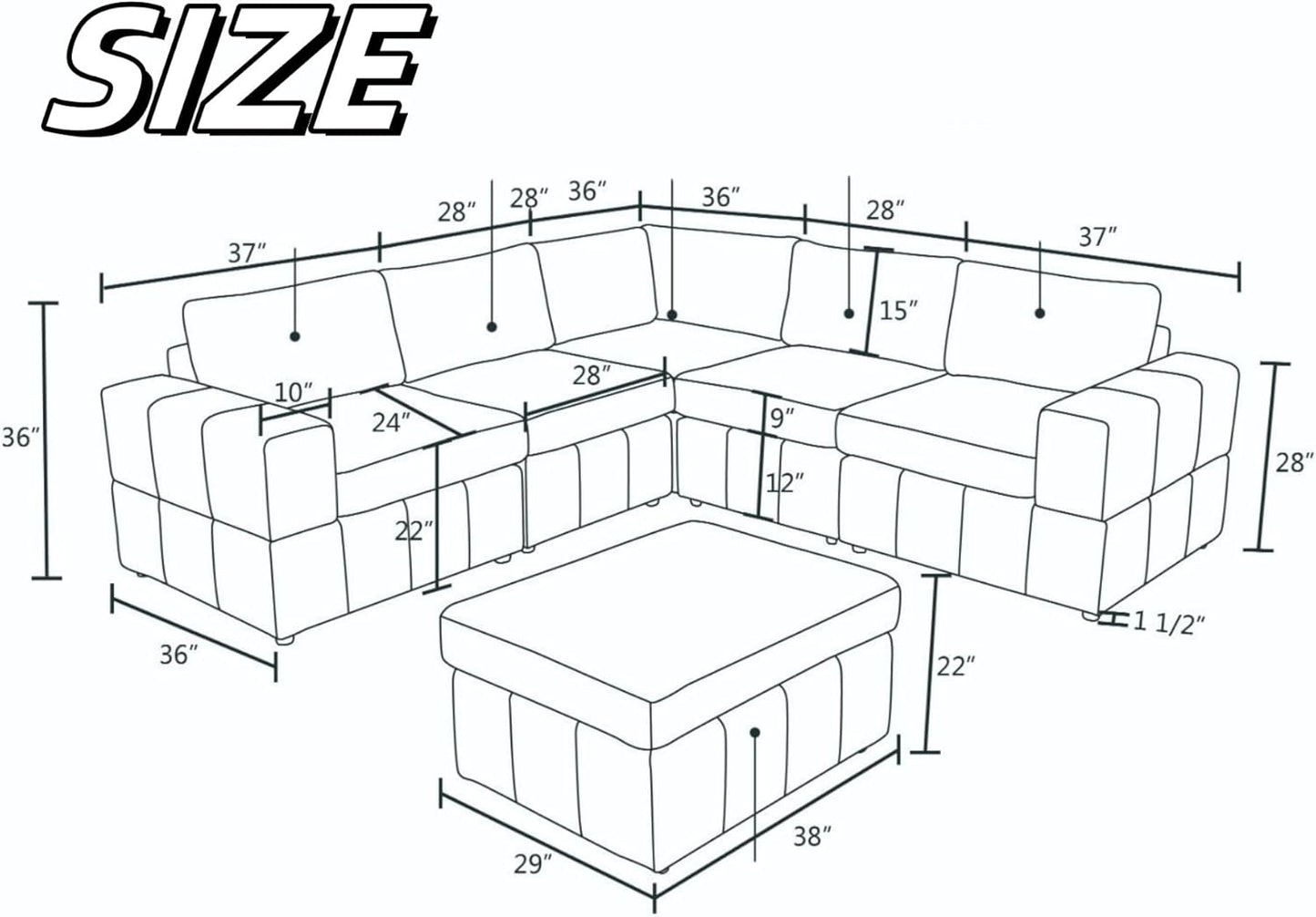 Sectional Couches for Living Room, 101″ Modular Sectional Sofa with Ottoman, Modern Lounge Corner L Shaped Couch for Bedroom, Grey