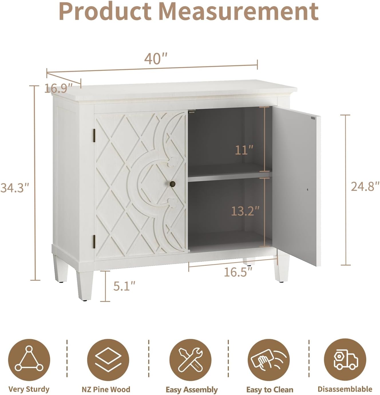Karlott 40" Entryway Cabinet, Coffee Bar Cabinet with Shelf, Craft Storage Cabinet with Doors, Charming Carved Motif, Pantry Cabinet Sideboard Buffet for Living Room Kitchen Dining Room Hallway, White