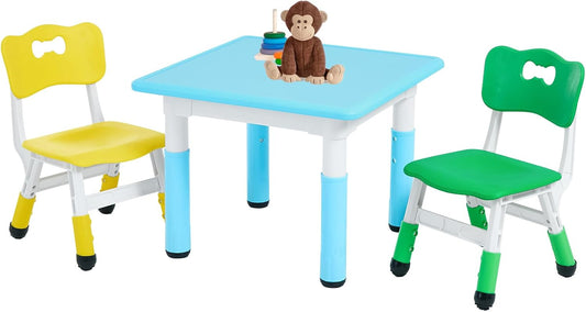 FUNLIO Kids Table and 2 Chairs Set, Height Adjustable Toddler Table and Chair Set for Ages 3-8, Easy to Wipe Arts & Crafts Table, for Classrooms/Daycares/Homes, CPC & CE Approved, Multi-Color
