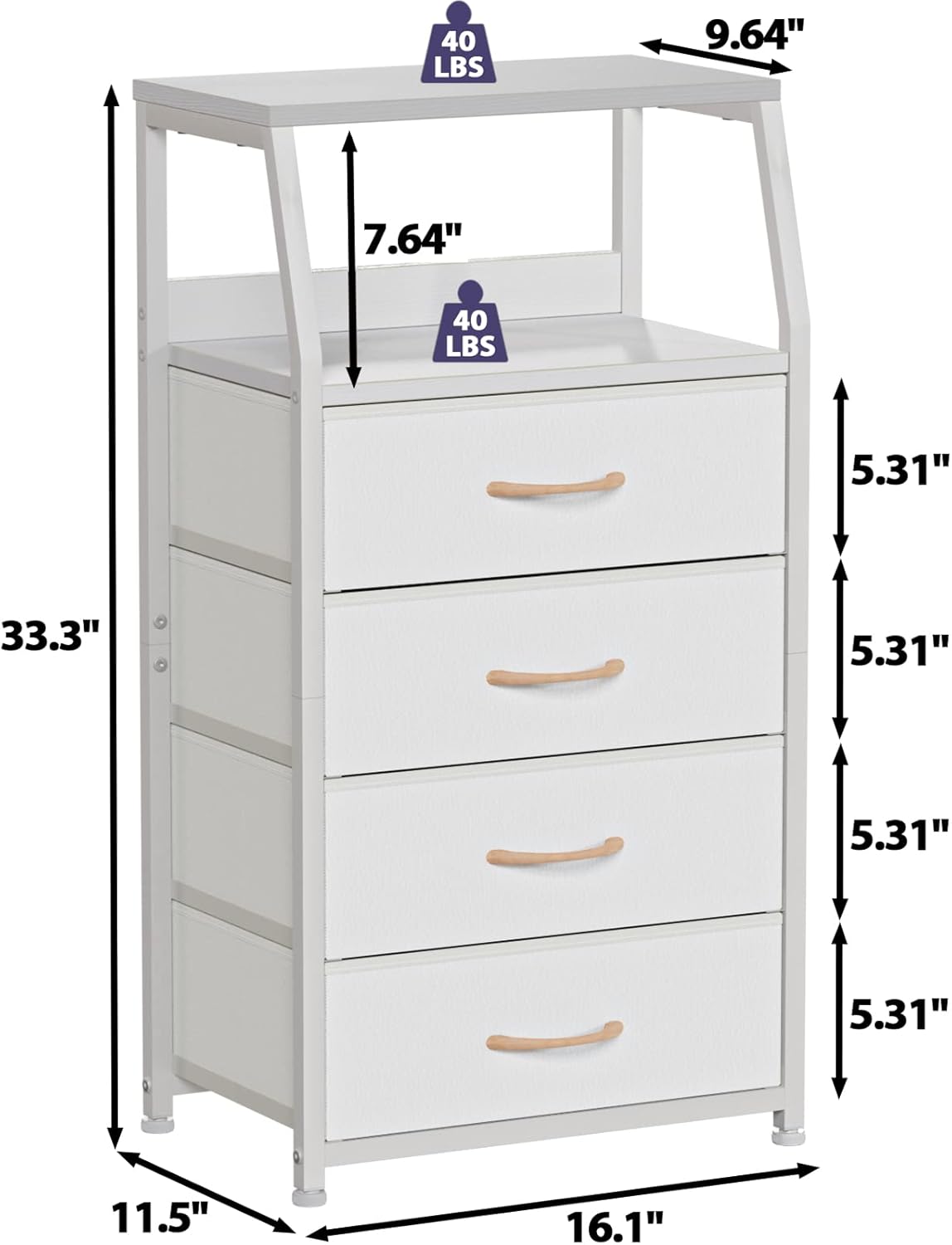 Furnulem Tall 4 Drawers Dresser, Vertical Storage Tower for Bedroom, Hallway, Entryway, Nursery, Closet Organizer, Nightstand Bedside Table Furniture, Sturdy Steel Frame, Wood Top, White
