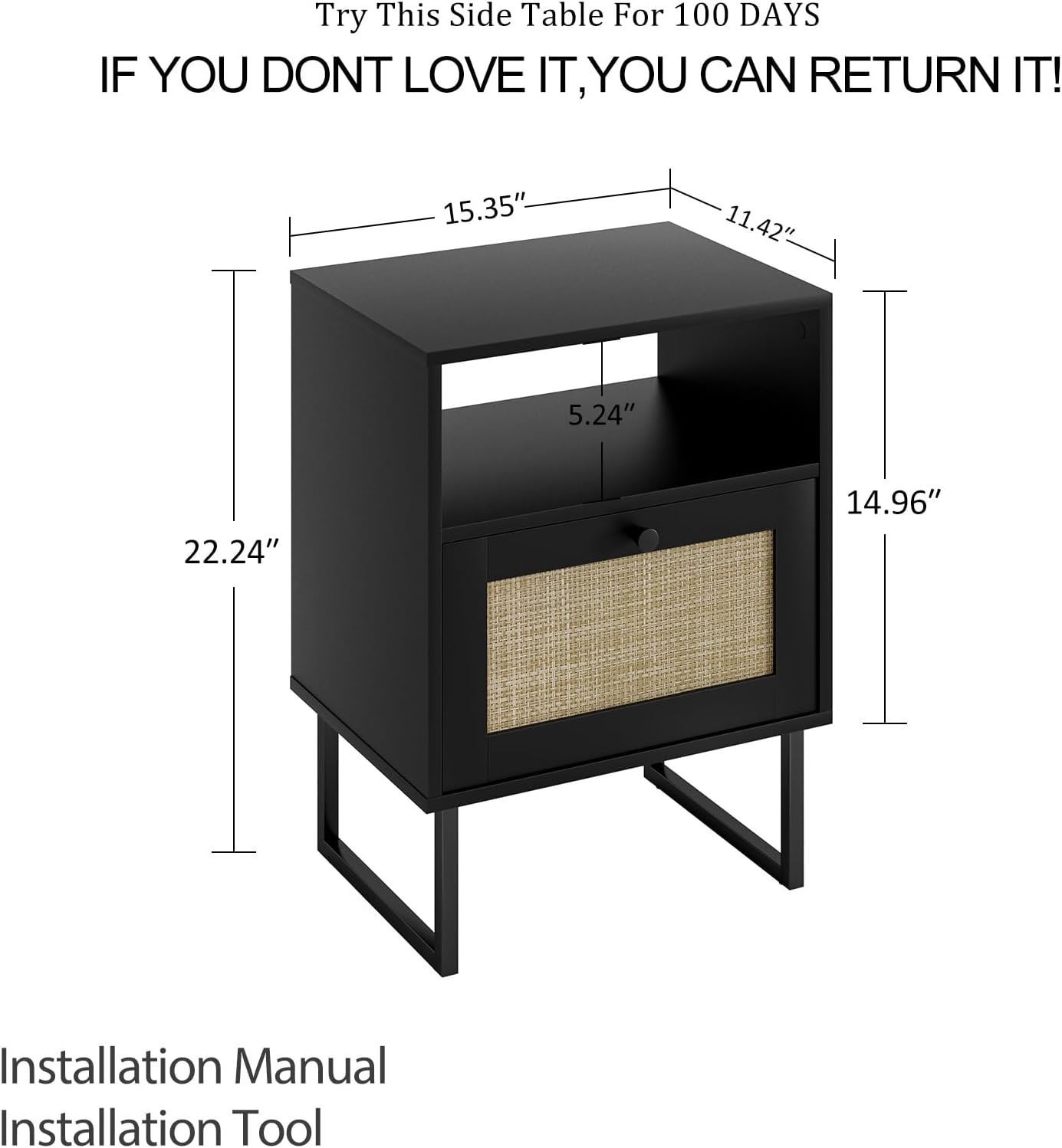 Masupu Rattan Nightstand,Modern Boho Farmhouse Wood Bedside Table with Storage Drawer and Open Shelf,Small Black Frame Side End Table for Bedroom,Living Room,Office (Black)