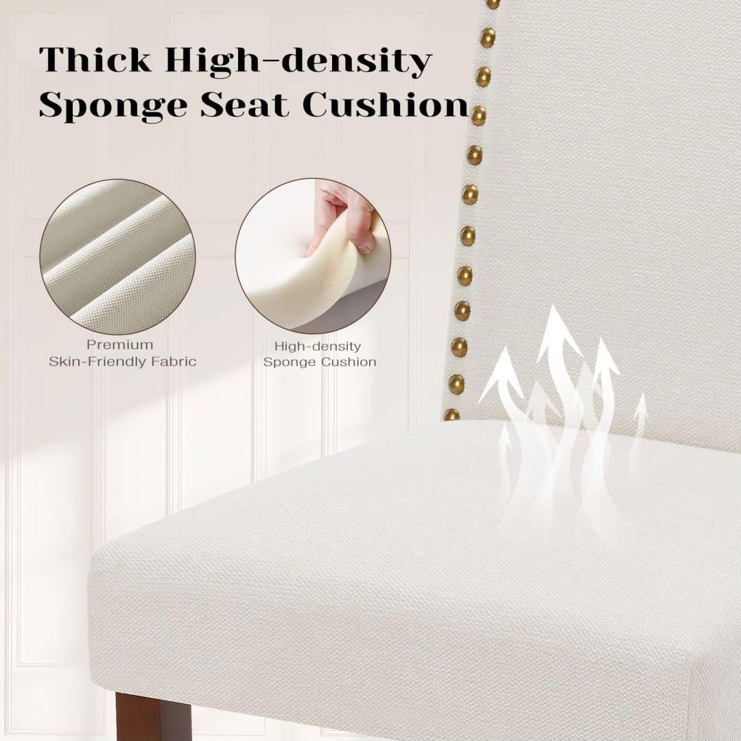 Kitchen Chairs Set of 4 Modern Upholstered Fabric Seat with Nailhead Trim and Ergonomic Lumbar Support for Living Room and Rustic Farmhouse Dining Area, Beige