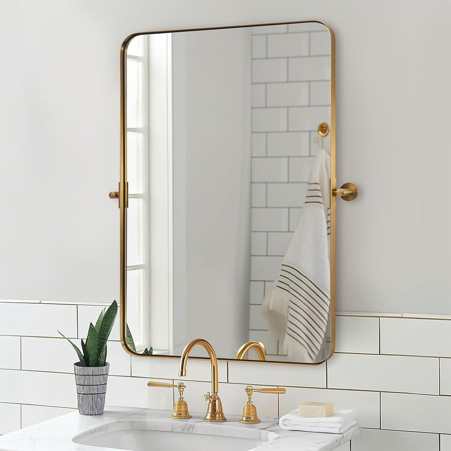 MOON MIRROR 20" x 28" Brushed Gold Metal Framed Pivot Rectangle Bathroom Mirror for Wall, Tilting Rounded Rectangular Vanity Mirror Hangs Vertical only