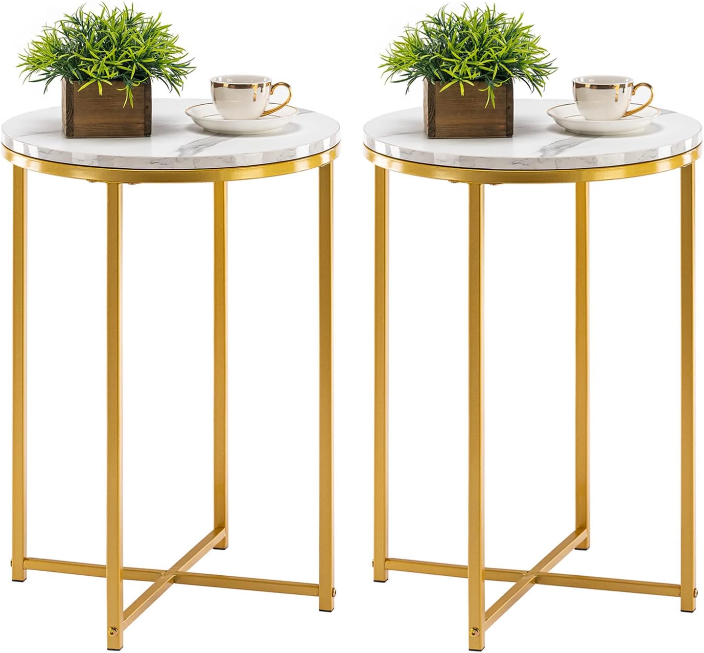 TECHMILLY Round End Table, Faux Marble Sofa Table, Accent Side Table with Metal Frame, Modern Gold Nightstand, Tall Coffee Table for Living Room, Bedroom-2 Packs