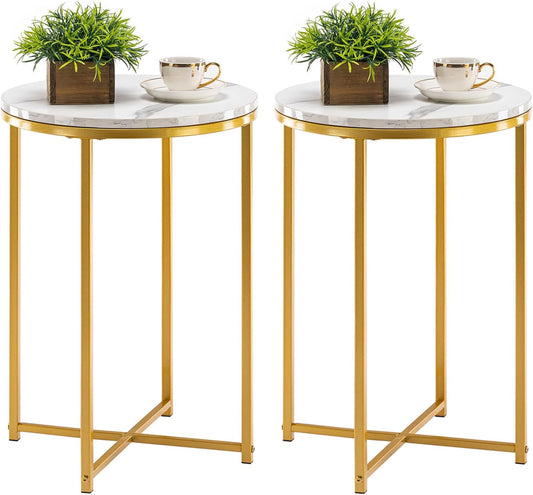 TECHMILLY Round End Table, Faux Marble Sofa Table, Accent Side Table with Metal Frame, Modern Gold Nightstand, Tall Coffee Table for Living Room, Bedroom-2 Packs