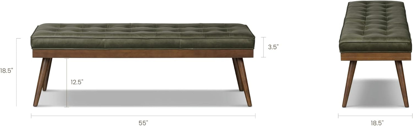 POLY & BARK 55" Tufted Leather Bed Bench for Bedroom End of Bed - Living Room Entry Way Bench - Pure Italian Leather Upholstery with a Solid Wood Frame - Ottoman Bench with Wooden Legs - Olivine Green