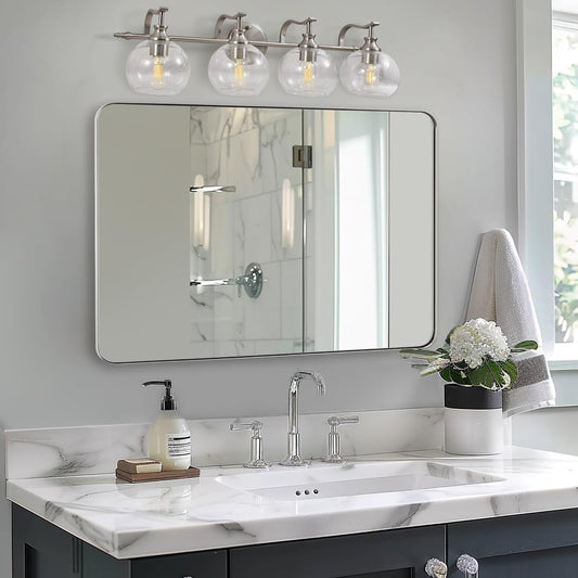 ANDY STAR 30"x48"Chrome Bathroom Mirror, Large Wall Mirror for Bathroom, Rounded Rectangle Mirror in Premium Stainless Steel Metal Frame Hangs Horizontal Or Vertical