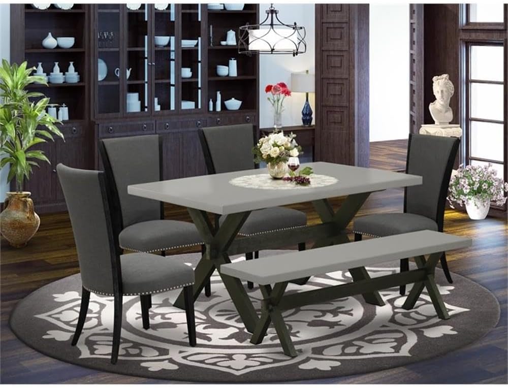 East West Furniture X696VE650-6 6 Piece Kitchen Table & Chairs Set Contains a Rectangle Dining Room Table and 4 Dark Gotham Linen Fabric Parson Chairs with a Bench, 36x60 Inch, Multi-Color