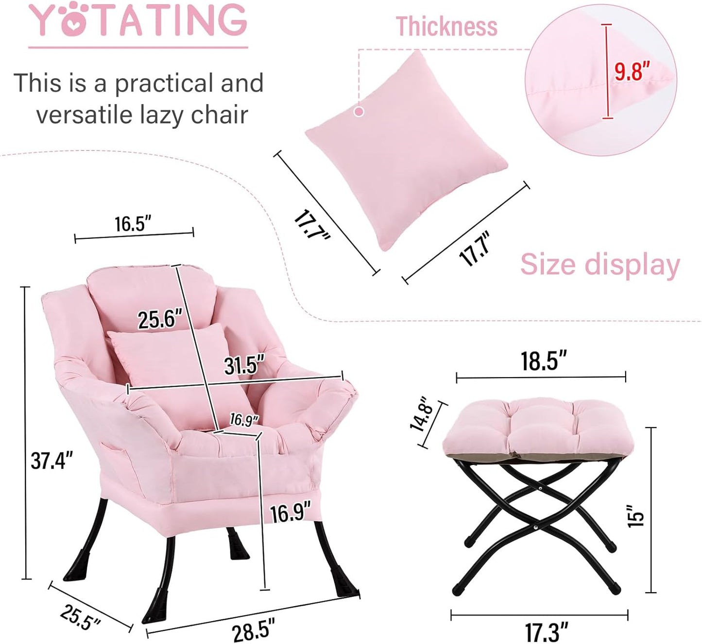 Lazy Chair with Ottoman, Comfy Reading Lounge Chair with Footstool & Throw Pillow Modern with Armrests & Side Pocket for Living Room, Bedroom, Dorm Room, Pink