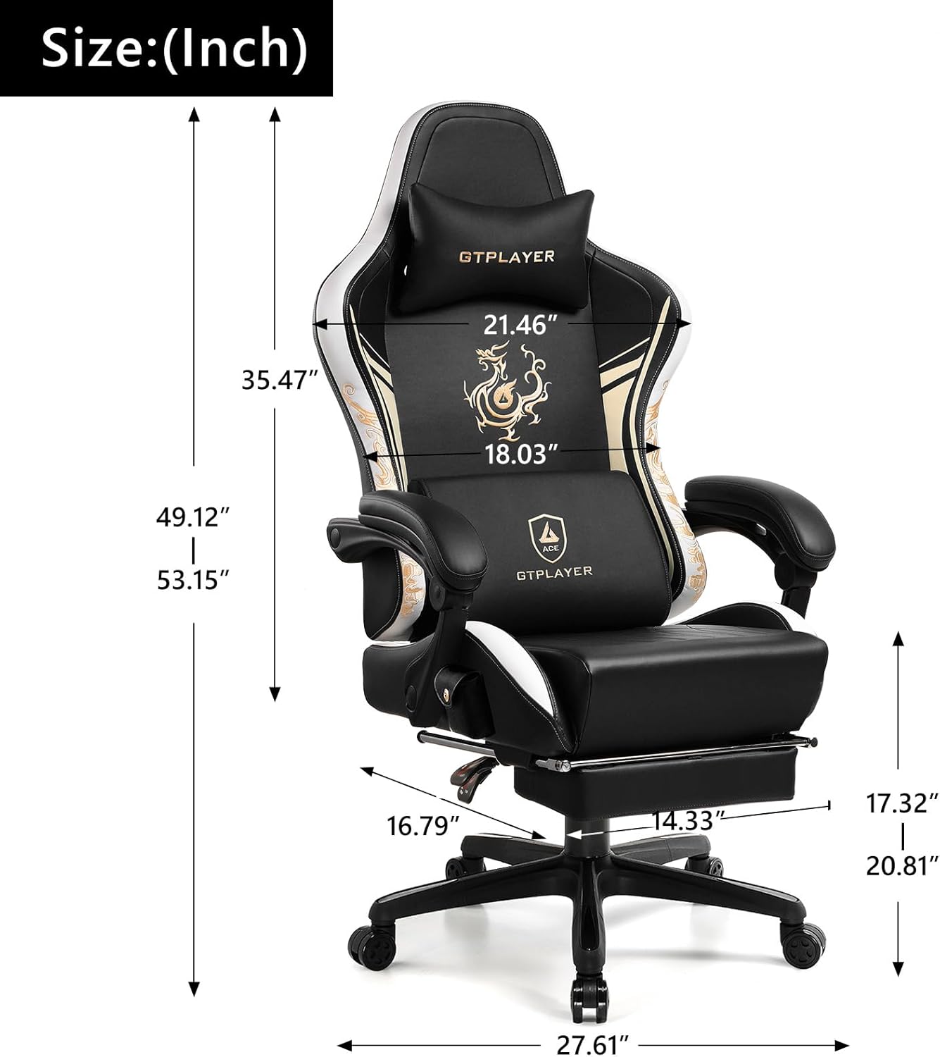 GTPLAYER Gaming Chair with Bluetooth Speakers and Footrest, Dragon Series Video Game Chair, Heavy Duty, Ergonomic, Esports Computer Office Chair, (Blackwhite)