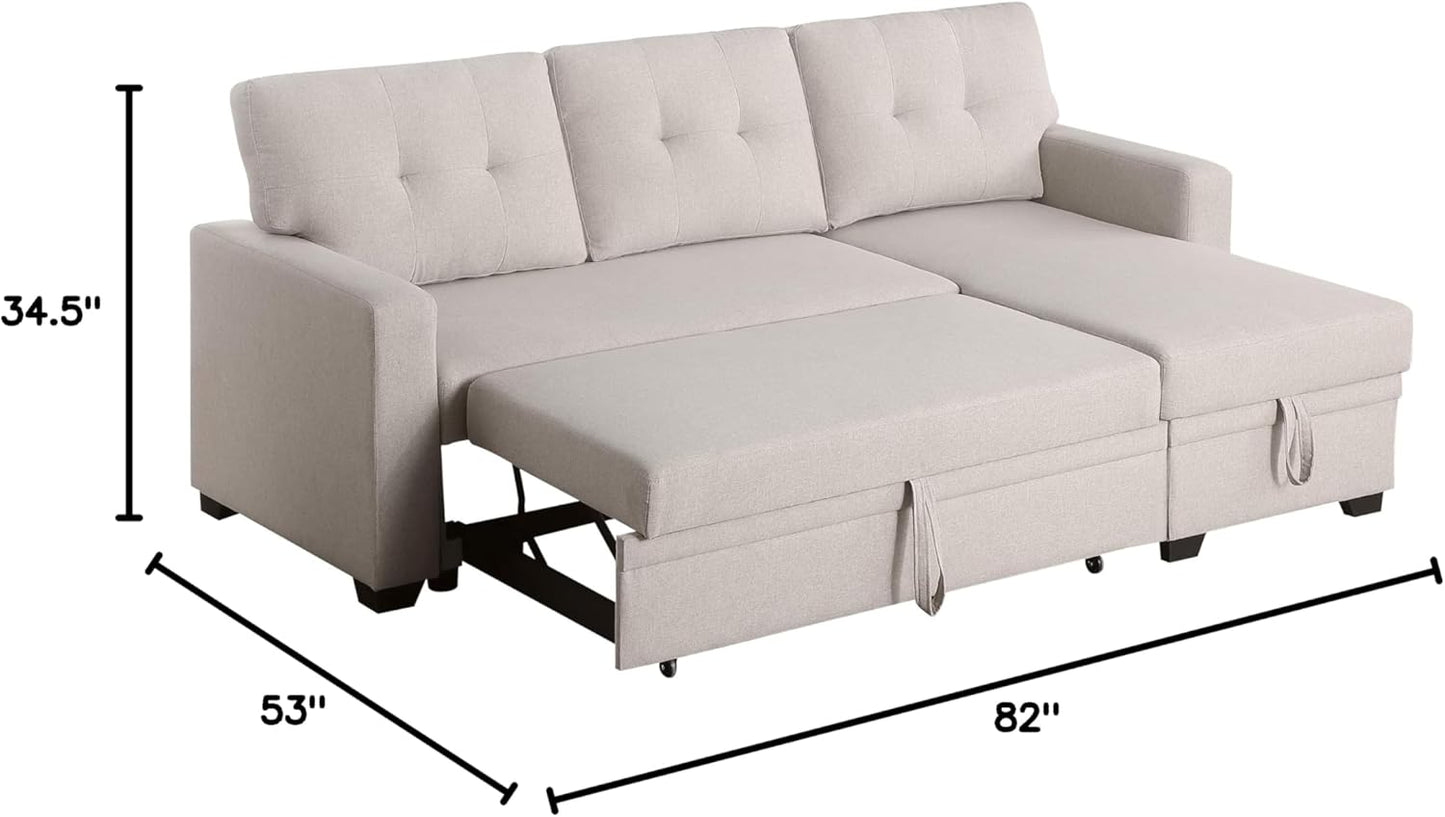 82 Inch Convertible Sleeper Sectional Sofa with Storage Chaise and Pull-Out Bed, Linen Upholstered Reversible Corner Couch, Modular L Shaped Couches for Living Room, Home Furniture, Beige