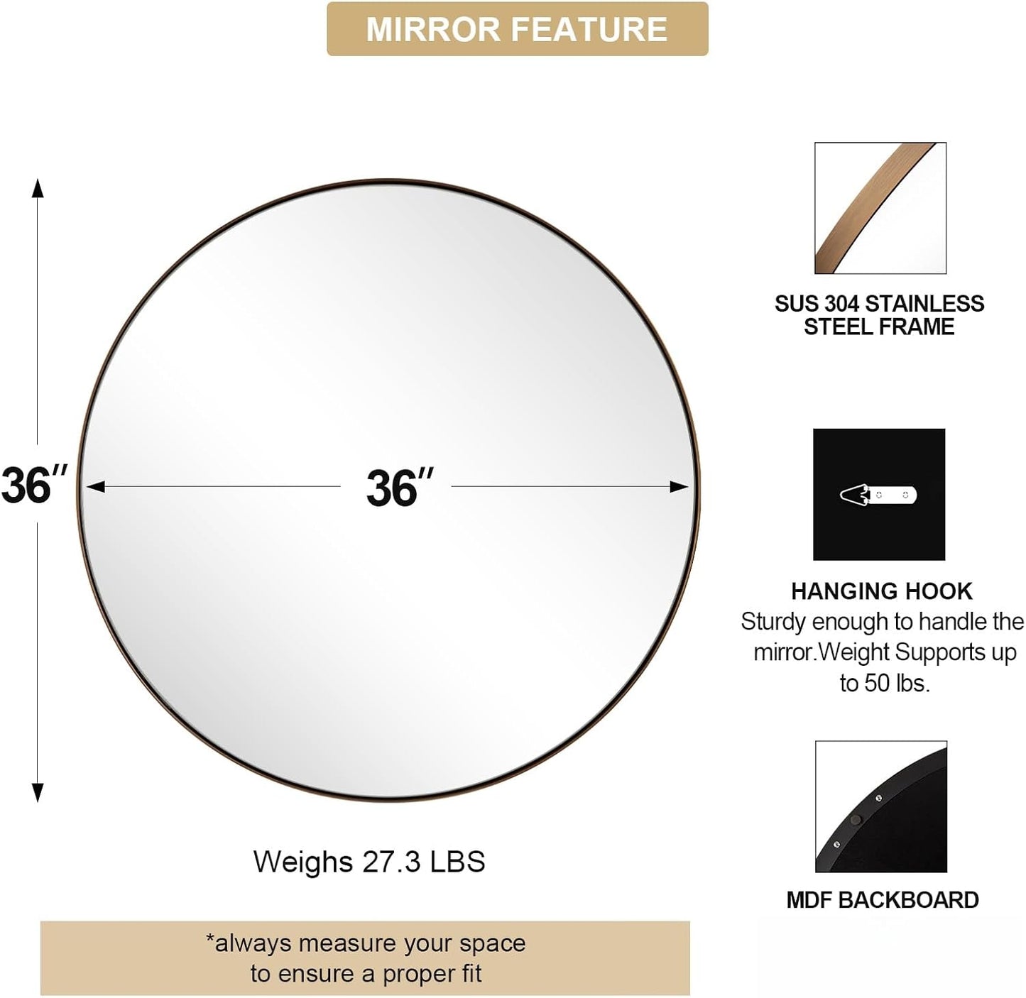 ANDY STAR Bronze Round Mirror 36 inch, Oil Rubbed Bronze Round Mirror in Metal Frame, Anti-Rust Large Bronze Vanity Mirror, HD Reflection, Wall-Mounted