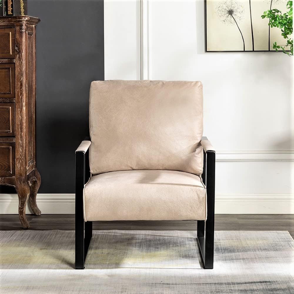 Container Furniture Classic Mid Century Modern Accent Chair with Durable Square Metal Frame, Armchair for Living Room, Bedroom, Home Office in Spotted Microfiber Upholstery, Light Camel