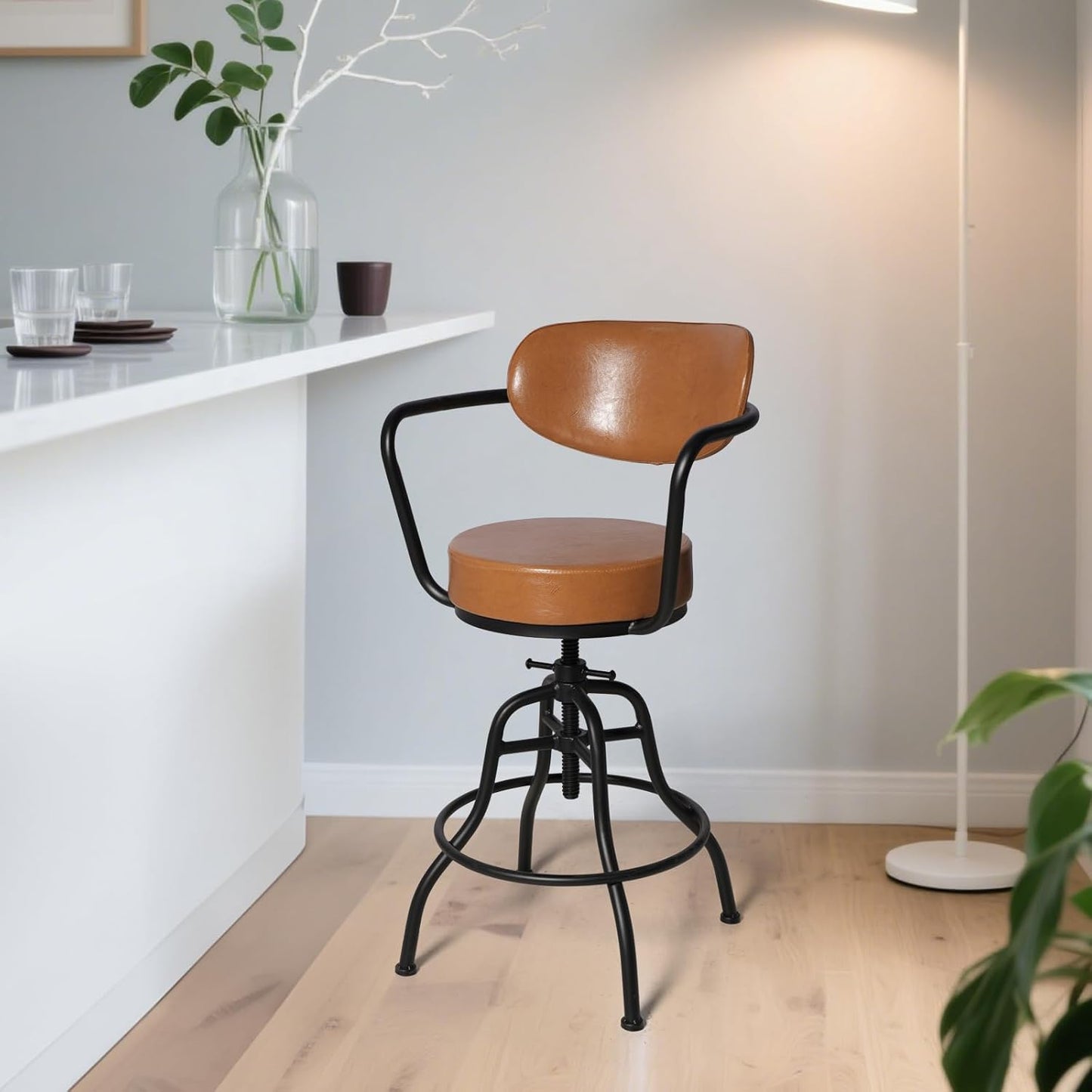 Diwhy Industrial Design Adjustable Height 21.65" - 26" Brown Leather Upholstered Backrest Seat Arm Chair Vintage Counter Stool