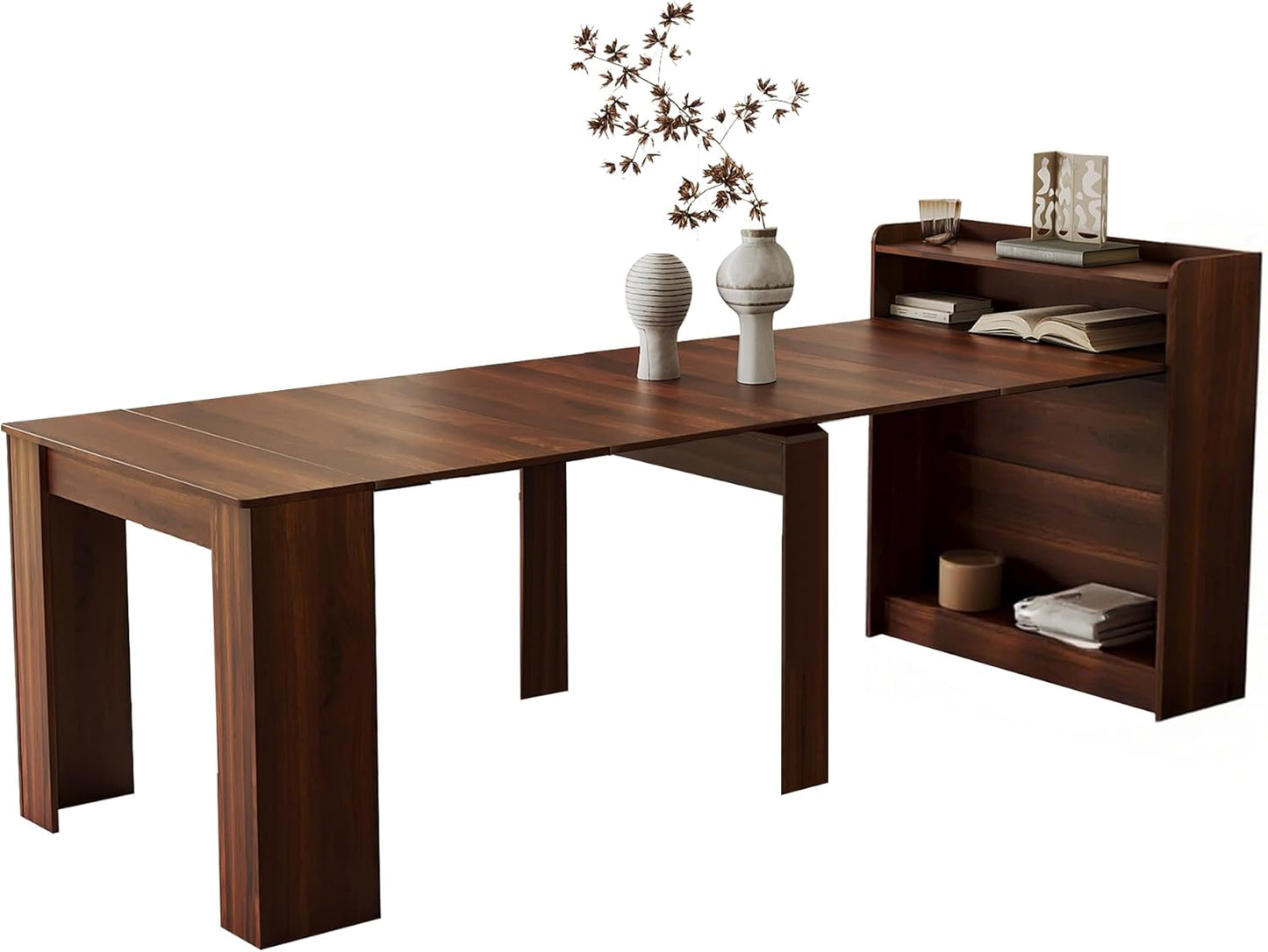 Expandable Dining Table, Convertible Table for Dining Room, Kitchen and Small Spaces, for 2-7 People(with Storage Shelf), Walnut Brown