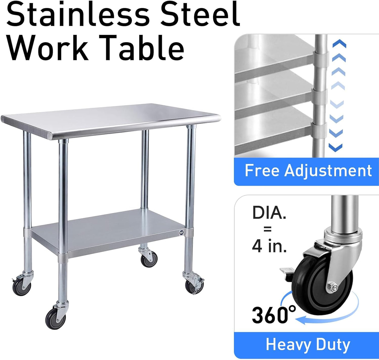 ROCKPOINT Stainless Steel Table for Prep & Work with Caster Wheels 14x60 Inches, NSF Metal Commercial Kitchen Heavy Duty Table with Adjustable Under Shelf and Table Foot for Restaurant, Home and Hotel