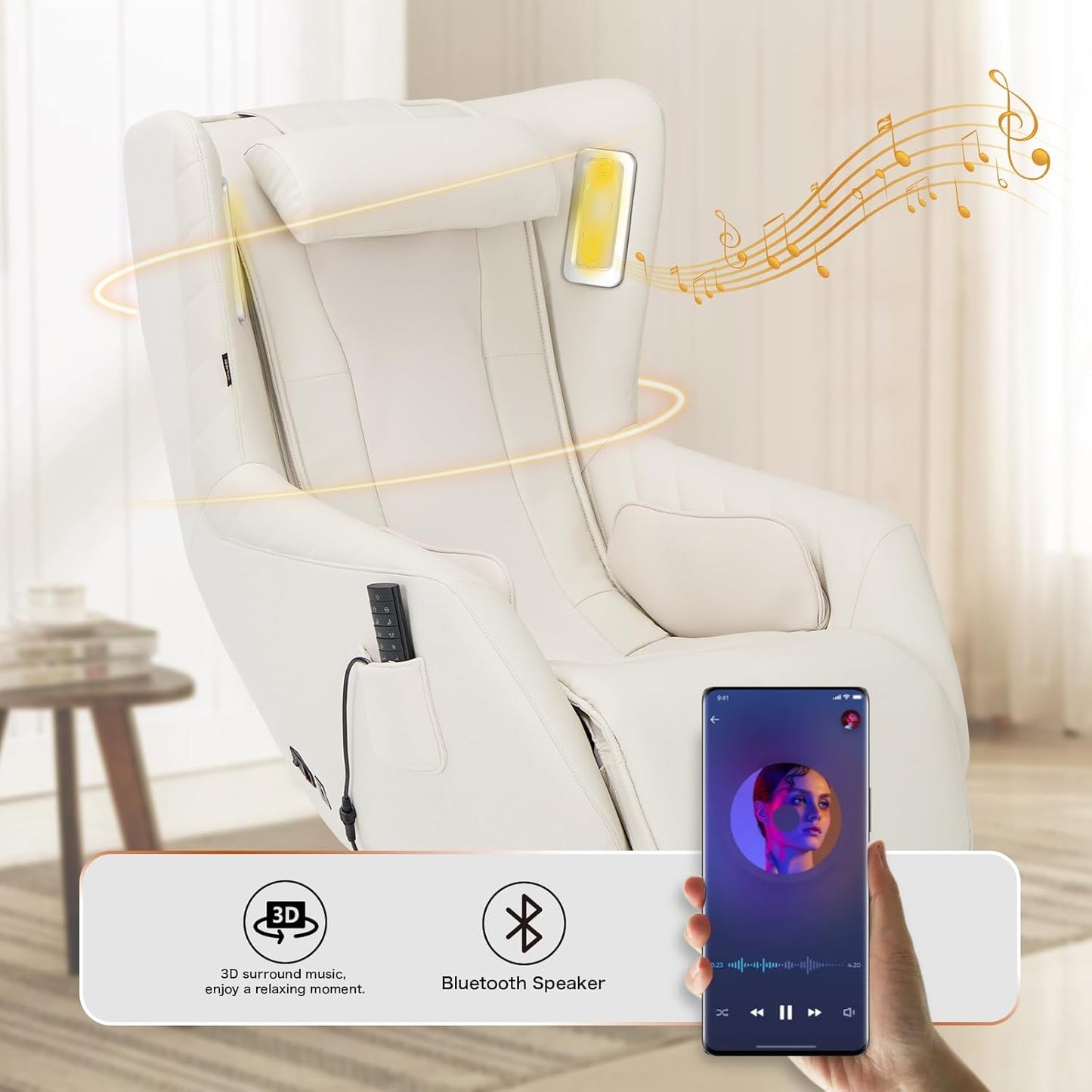 COLAMY Zero Gravity Massage Chair with 4-Zone Massage, Dual Lumbar Heat, Airbag Compression, 360° Swivel, Built-in Bluetooth Speakers & USB Charging, White