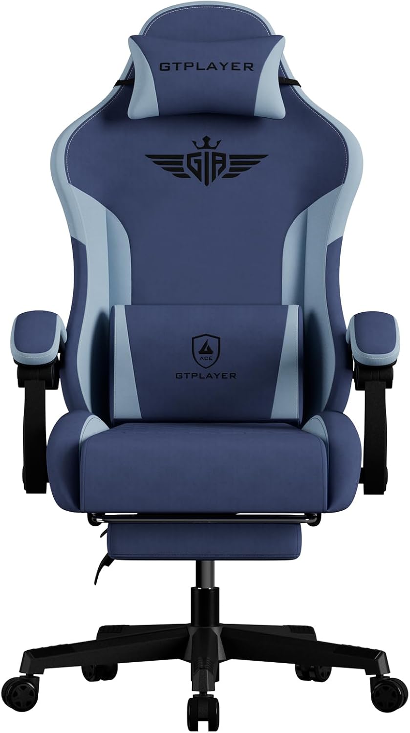 GTPLAYER Gaming Chair Fabric with Footrest, Big and Tall Game Chair High Back Computer Office Chair with Lumbar Support for Adults, Ergonomic Swivel Games Chair with Cushion Gaming Dark Blue