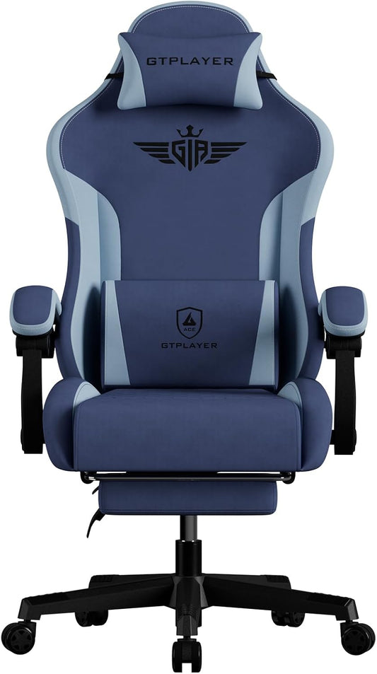 GTPLAYER Gaming Chair Fabric with Footrest, Big and Tall Game Chair High Back Computer Office Chair with Lumbar Support for Adults, Ergonomic Swivel Games Chair with Cushion Gaming Dark Blue