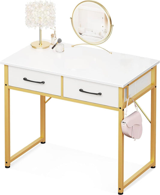 Casaottima 32 Inch Small Dressing Vanity Desk with 2 Drawers & Headphone Hook, Makeup Vanity Desk for Bedroom Without Mirror,Modern Space-Saving Design for Small Spaces White-Gold