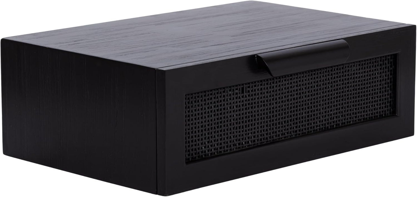 Kate and Laurel Ori Transitional Cane Rattan Floating Side Table with Pull-Out Storage Drawer, 18x13x6, Black