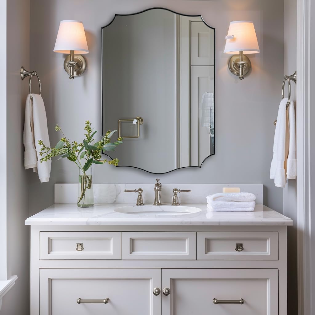 ANDY STAR Brushed Nickel Bathroom Mirror, 24x36’’ Silver Wavy Wall Mirror, Modern Bathroom Vanity Mirror HD Reflection, Anti-Rust Metal Frame Mirror for Bathroom Hangs Vertical or Horizontal